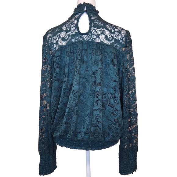 Cable & Gauge Green Mock Neck Sheer Long Sleeve Lace Floral Blouse Size M - Picture 2 of 10